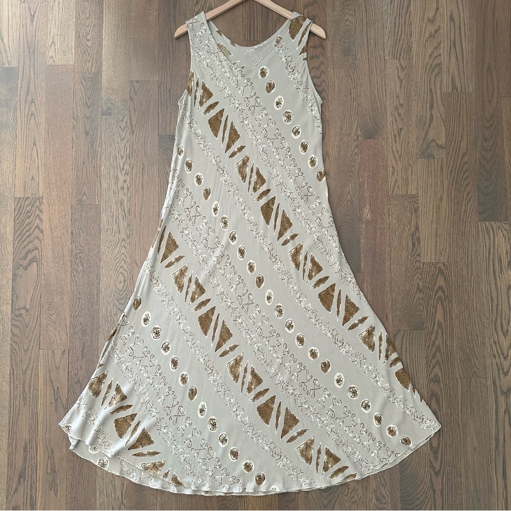 Vintage Gauze Abstract Print Crew Neck Sleeveless Boho Maxi Dress Beige Medium